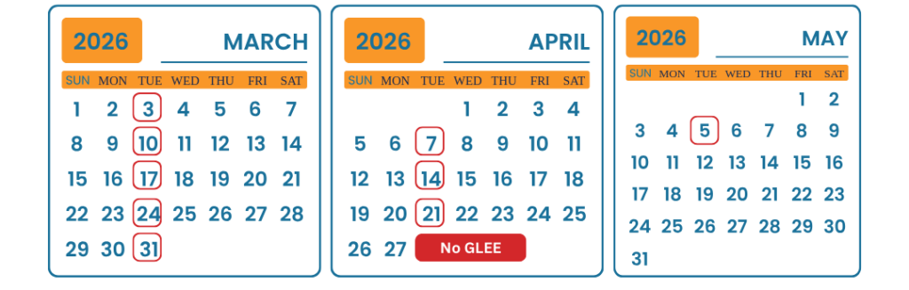 Glee Club Spring 2026 Calendar for Pages